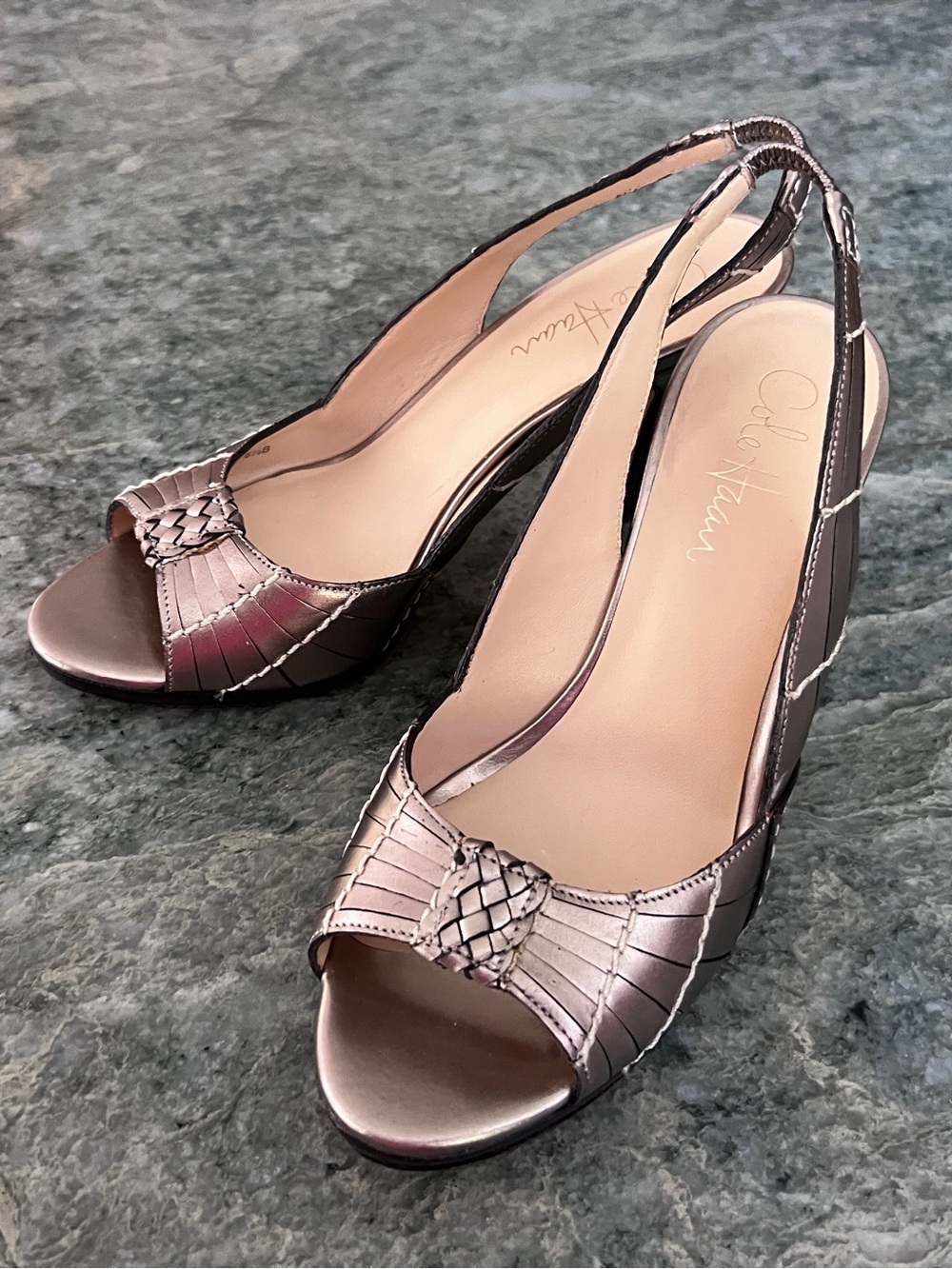 Cole Haan Peep toe Champagne metallic Slingback High Heels